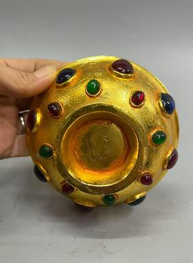 2026复古锌合金鎏金仿金镶宝石碗 金属工艺品摆件 文创市集仿古老
