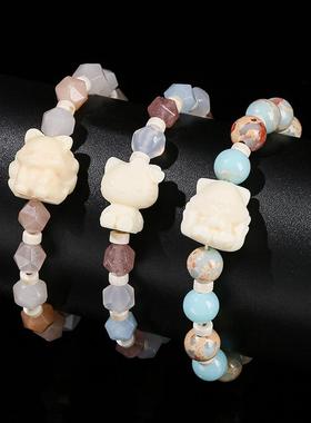 2026晶德珠宝 天然粉东陵菱形珠手串寿山石九尾狐KT猫民族风手链