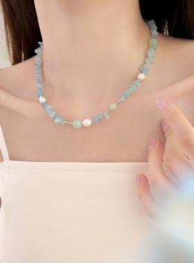 2026轻奢小众高级感海蓝宝仿天然淡水珍珠串珠项链女夏新款锁骨链