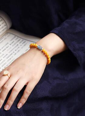 2026鸡油黄蜜蜡佛珠手串6mm单圈 DIY女款搭配月光石貔貅饰品小清