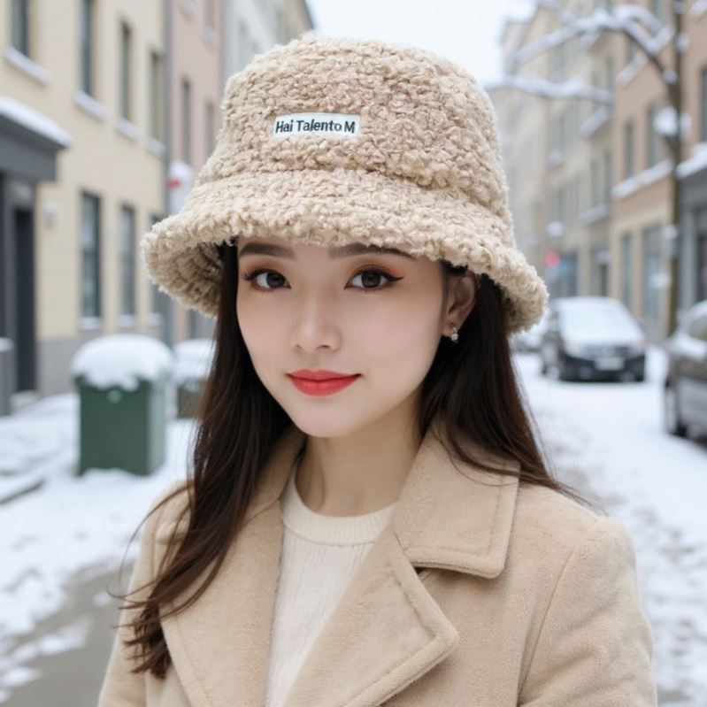 韩版纯色羊羔毛渔夫帽子女秋冬季日系百搭显脸小加厚保暖毛绒盆帽