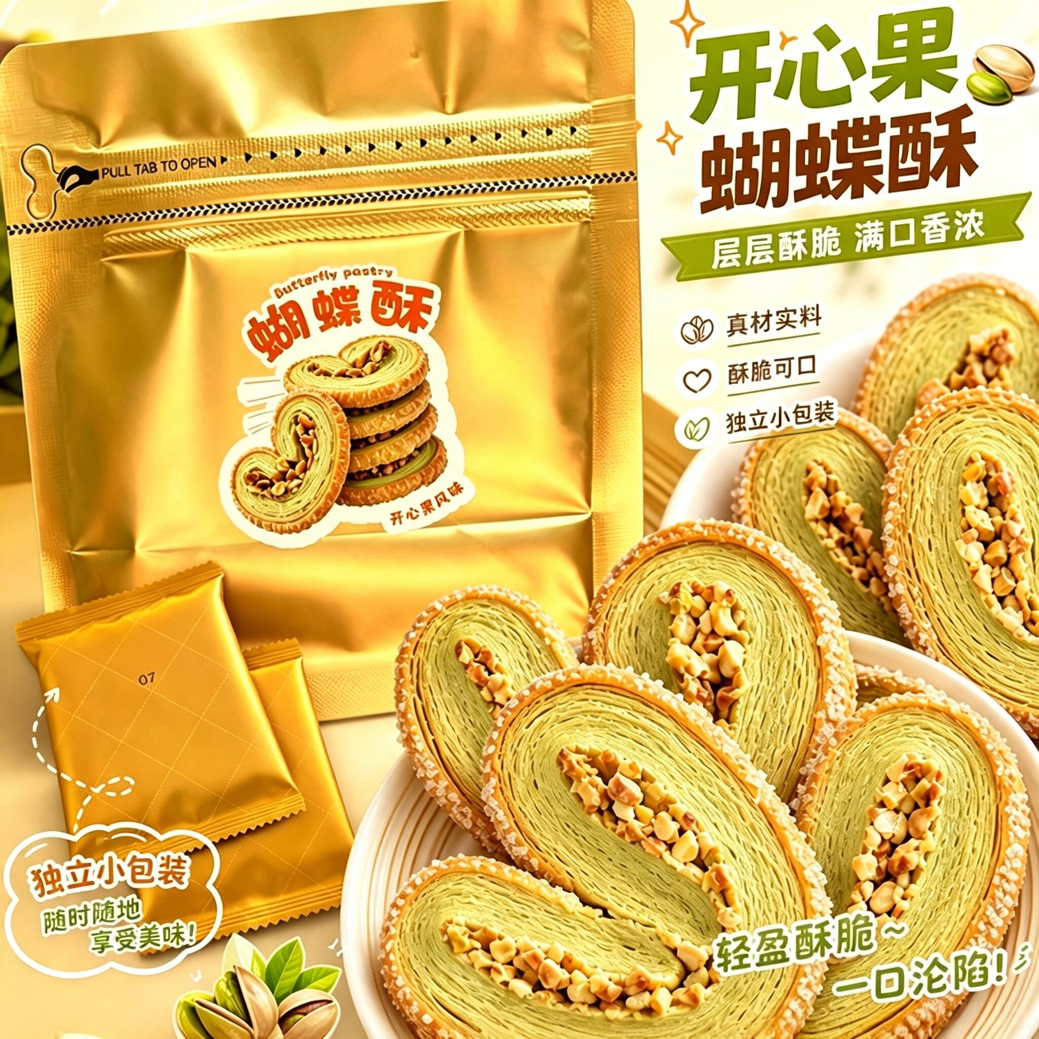 黄油开心果扁桃仁蝴蝶酥袋装奶香手工千层酥解馋零食开心果味点心