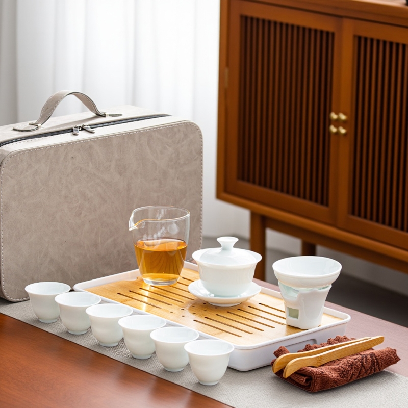 白瓷旅行茶具套装便携式盖碗