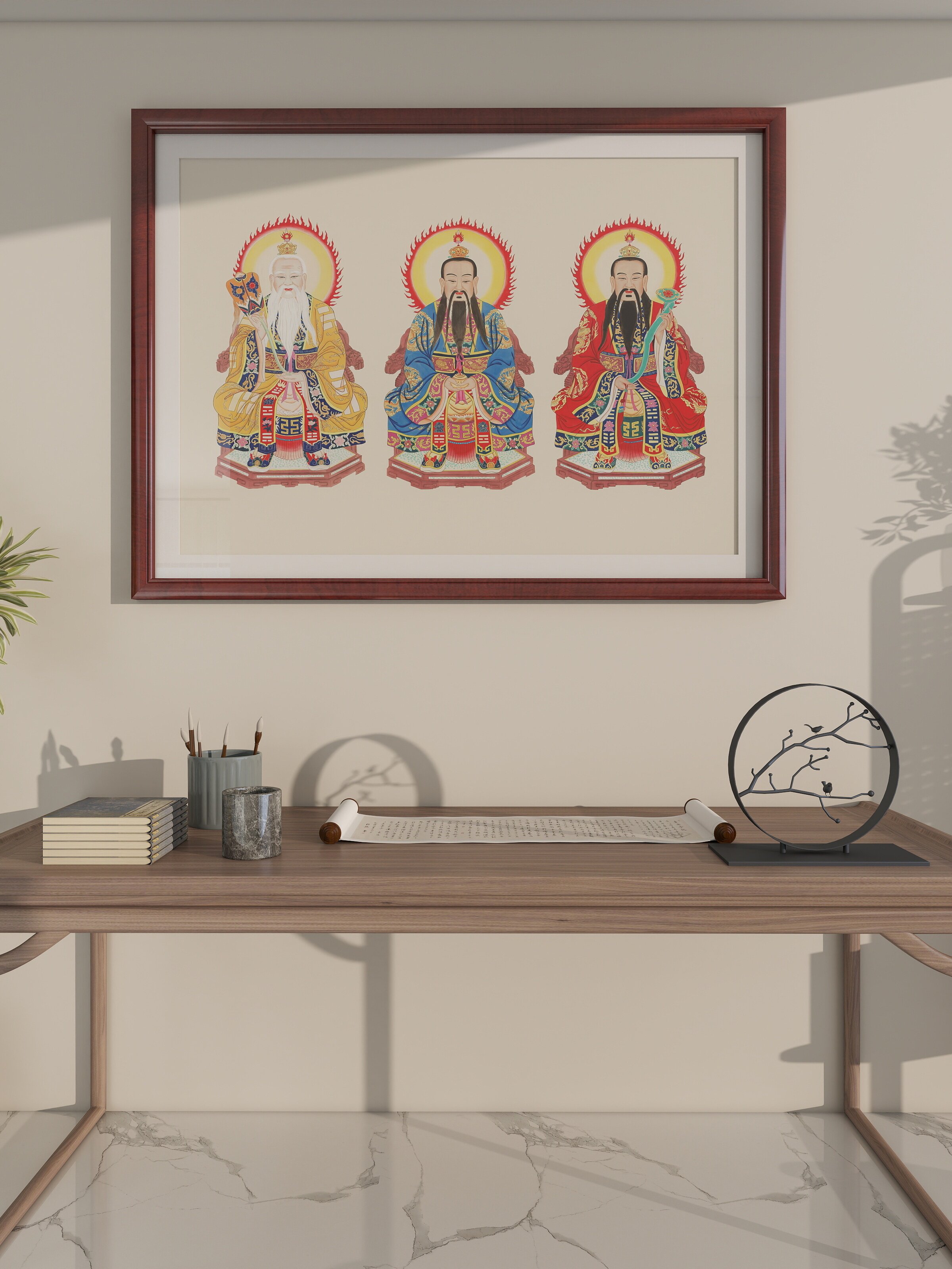 三清祖师画像神像挂画道德天尊元始天尊太上老君实木框中堂装饰画