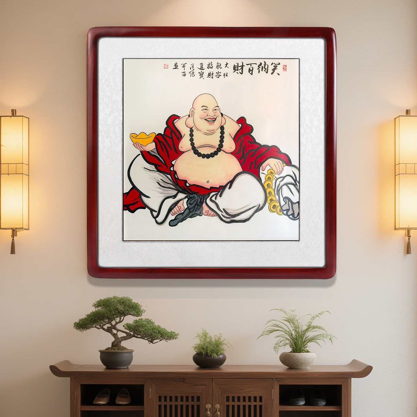 纯手绘大肚弥勒佛坐像国画笑纳百财金元宝招财办公室茶室玄关挂画