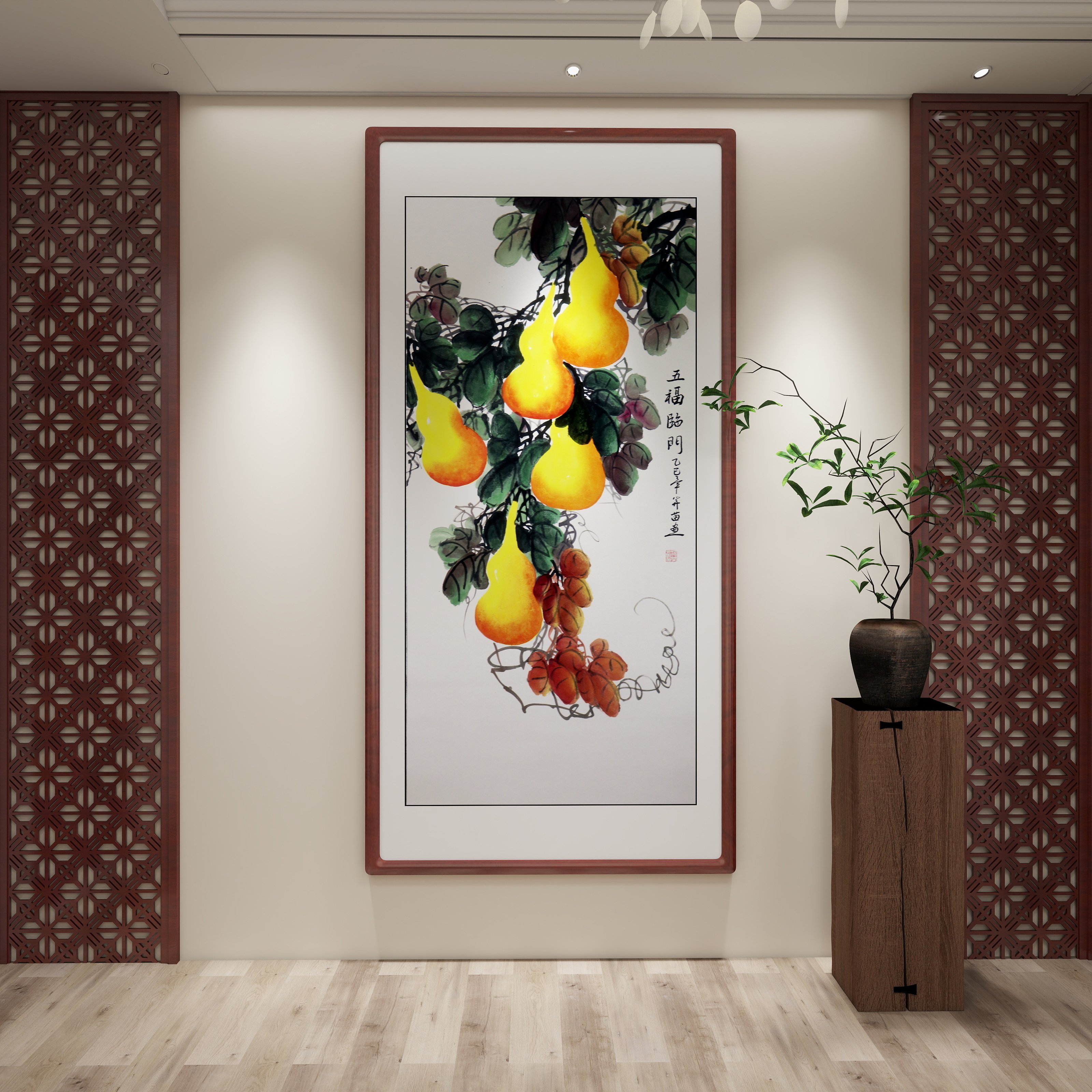 真迹手绘国画五福临门葫芦玄关画入户对门挂画楼梯转角中式装饰画