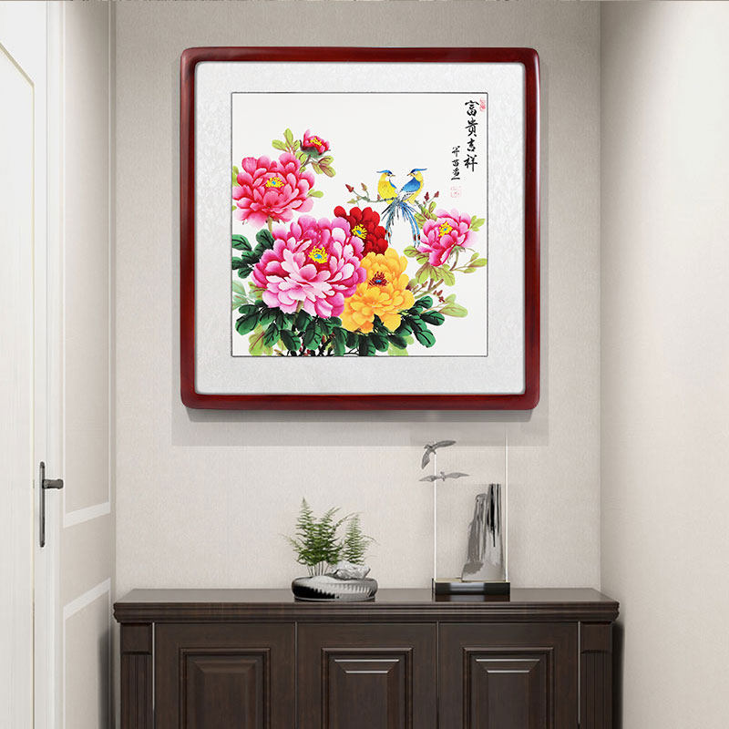 手绘牡丹国画花开富贵中式客厅餐厅三联挂画卧室玄关花鸟装饰画