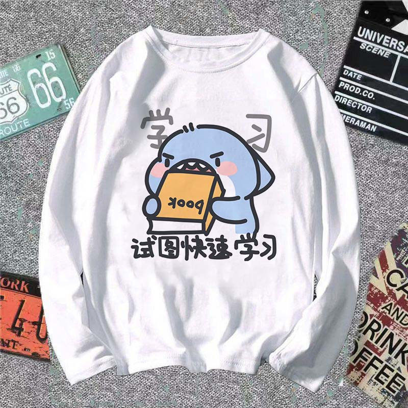 呆萌肥肥鲨干饭人男女长袖t恤学生上衣小鲨鱼表情包童码打底t秋季
