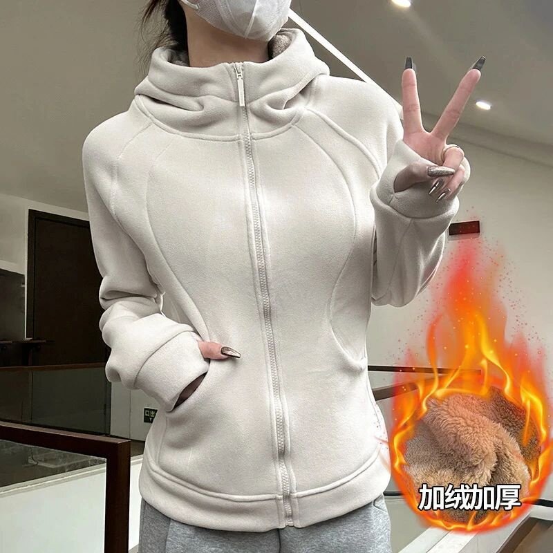 加绒特厚连帽卫衣女士冬款修身感双面奥粒绒拉链开衫保暖外套