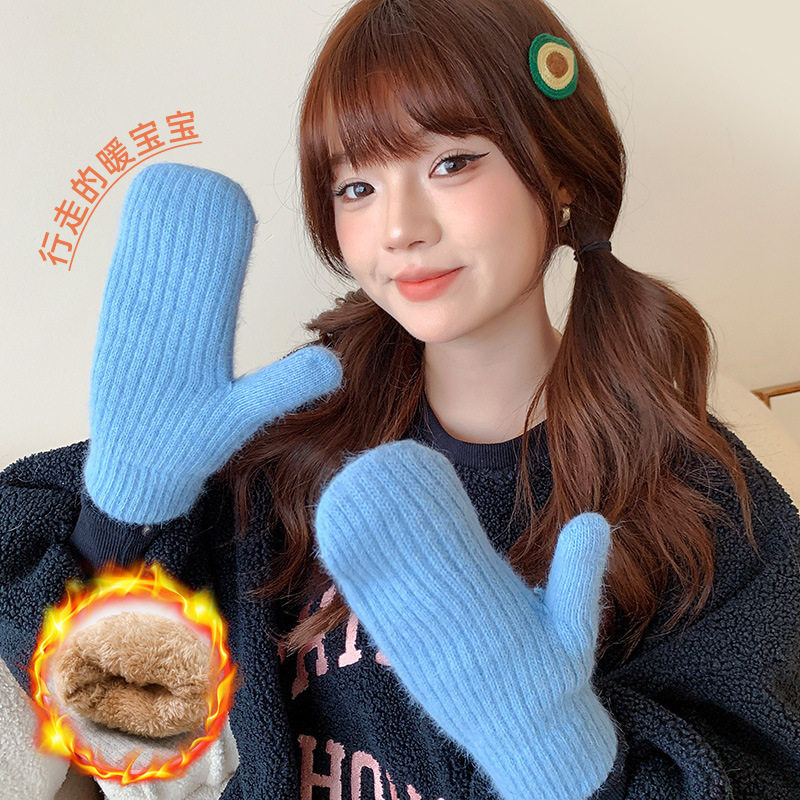 毛绒连指手套女士冬季可爱加绒加厚兔毛保暖毛茸茸学生骑行防寒冻