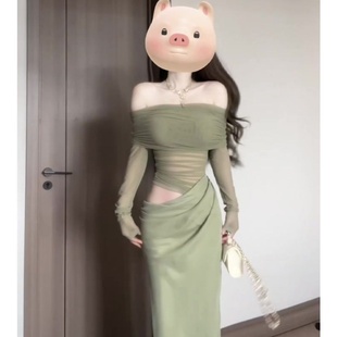 绿色网纱一字肩抹胸长袖连衣裙女春夏海边度假收腰修身气质长裙子