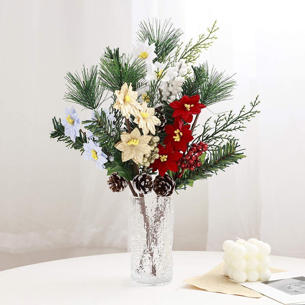 仿真松针红果插枝花瓶插花圣诞树装饰圣诞节布置道具