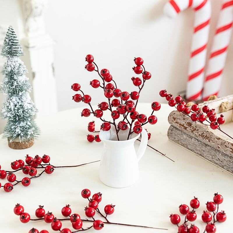 跨境 圣诞红果插枝装饰仿真石榴果圣诞挂件装扮乔迁新年氛围插枝