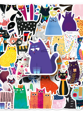 100张艺术感可爱绘本猫咪贴纸小众插画风贴画手账绘本装饰素材包