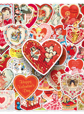 100张美式复古情人节爱心贴纸怀旧卡通小熊天使贴手账装饰素材贴