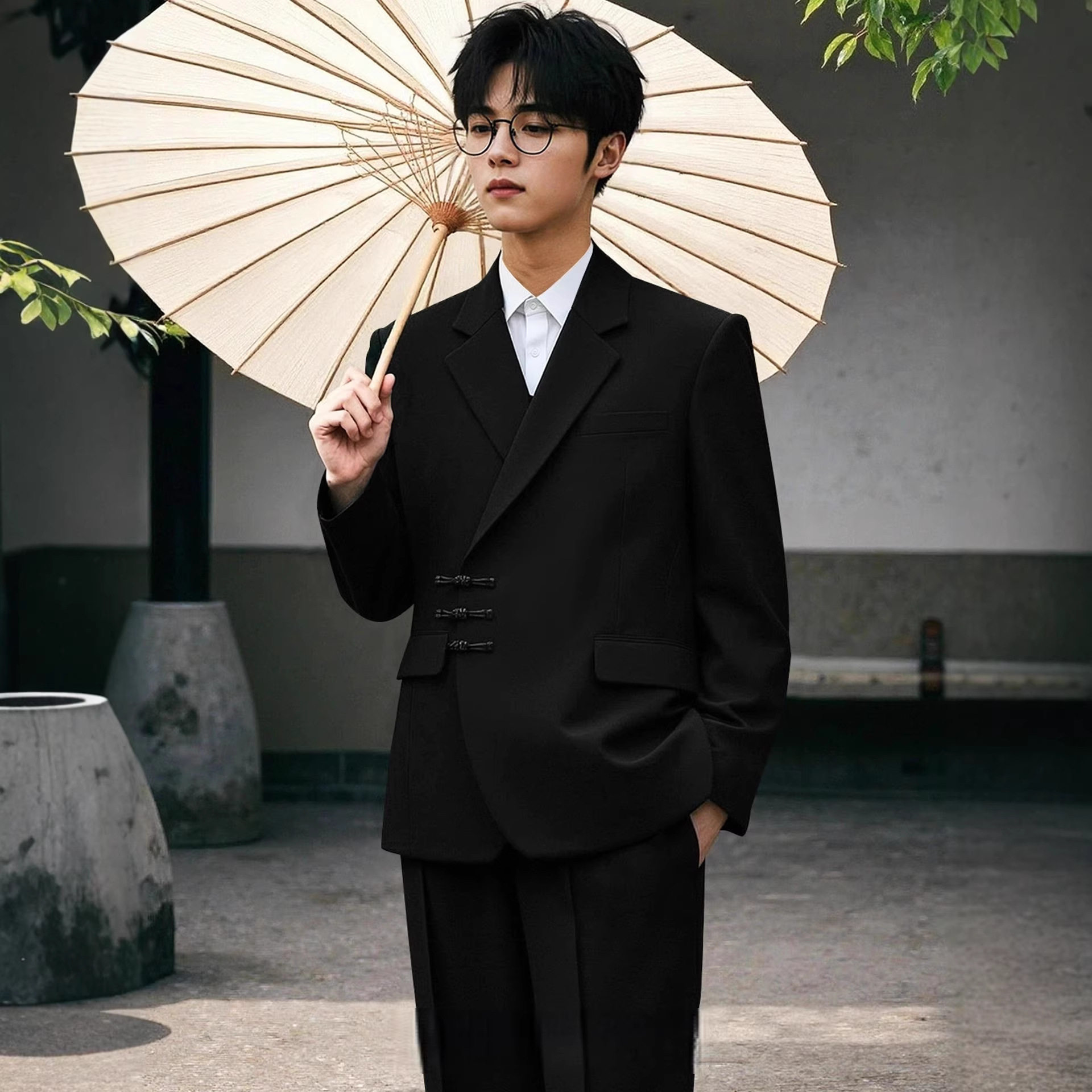 新中式西装醋酸中山装男中国风盘扣结婚领证修身新郎休闲西服套装