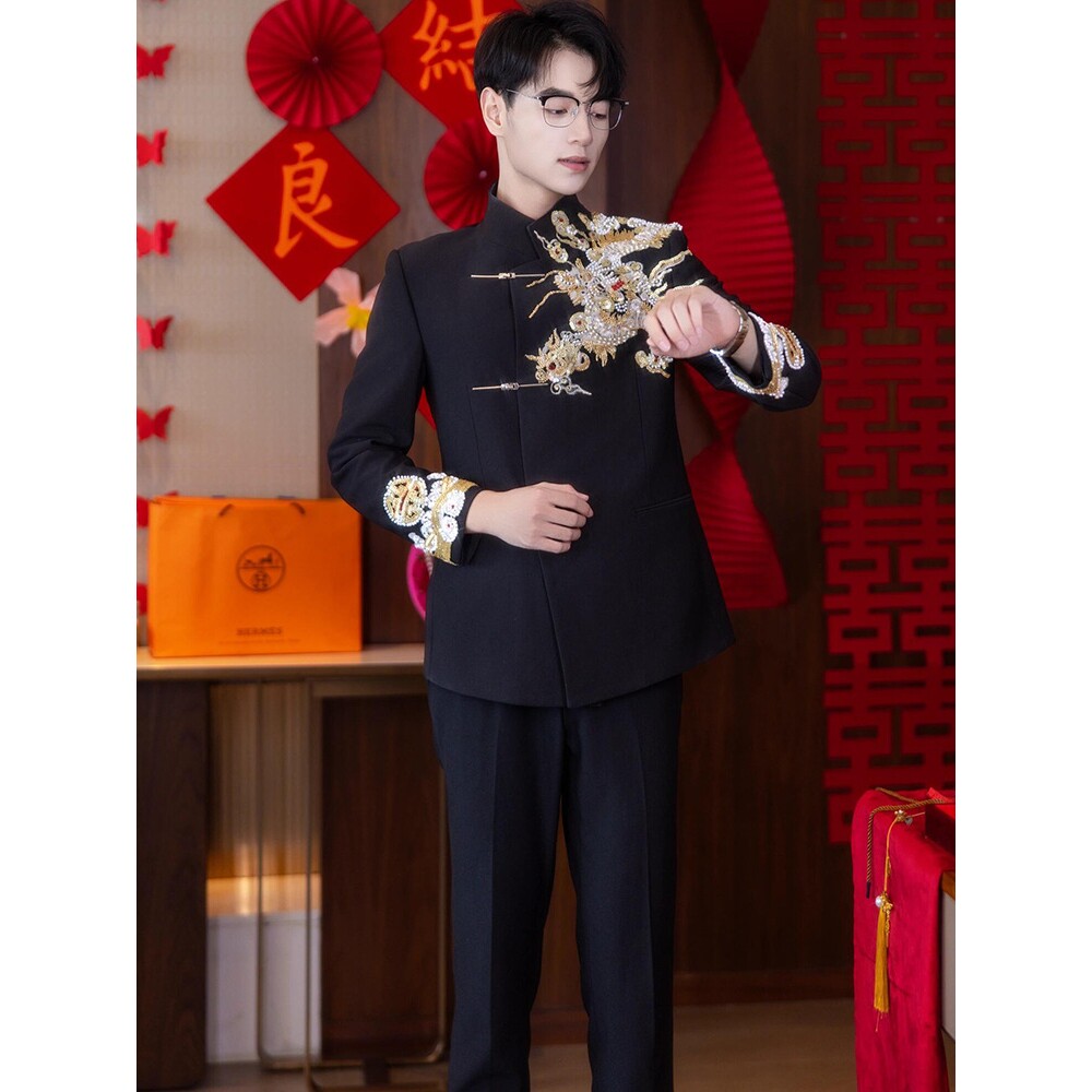 新中式中山装男士结婚套装黑色立领西装外套订婚新郎中式礼服