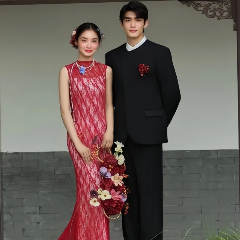 欢喜橙 新中式圆领黑色高档商务休闲男士西装新郎订婚宴结婚礼服