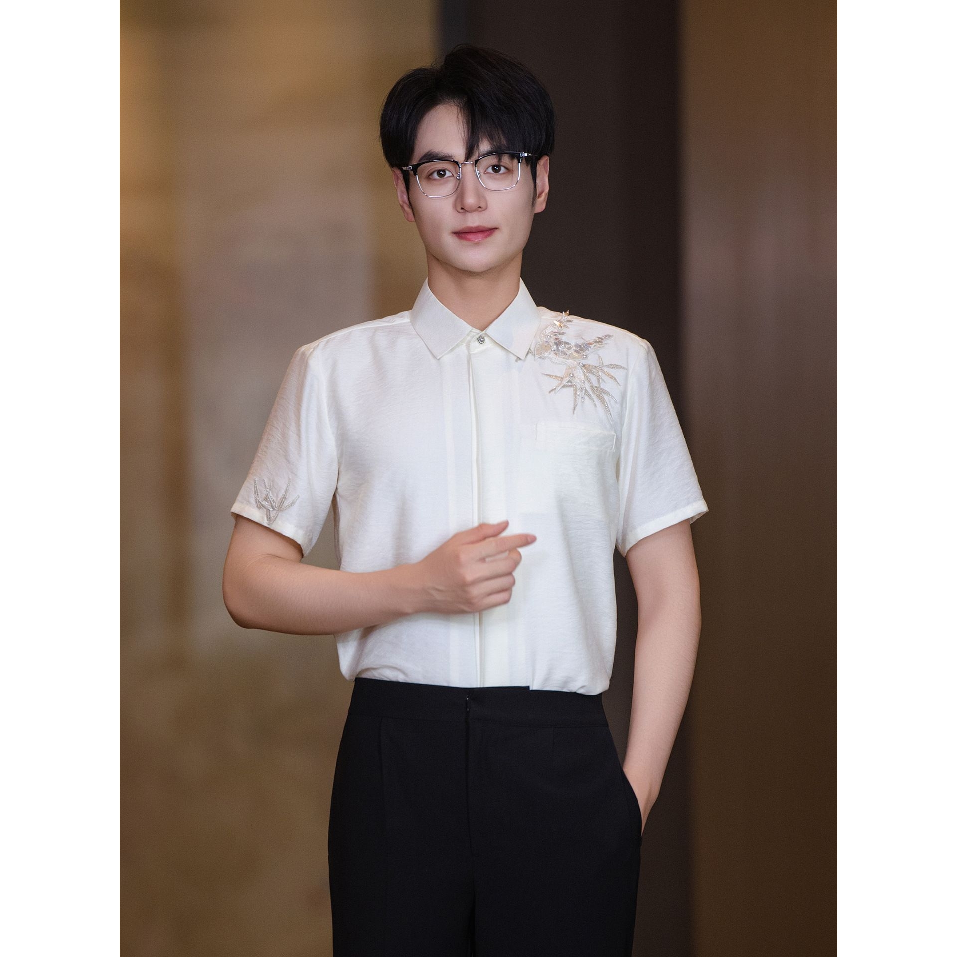 新中式订婚男装衬衫礼服男士国风结婚立领短袖白色休闲中山装夏季