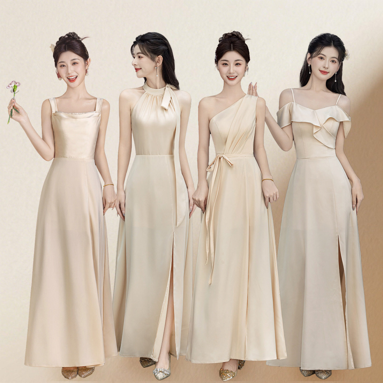 设计感姐妹团香槟色伴娘服缎面高级感显瘦小众日常可穿礼服裙女