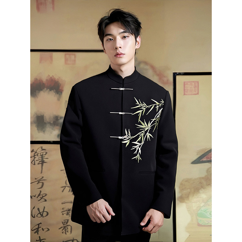 中山装新中式西装套装男高级感订婚穿搭竹叶刺绣垫肩唐装西服礼服