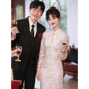 旗袍敬酒服高级新娘复古结婚答谢宴礼服女订婚气质连衣裙长袖夏季