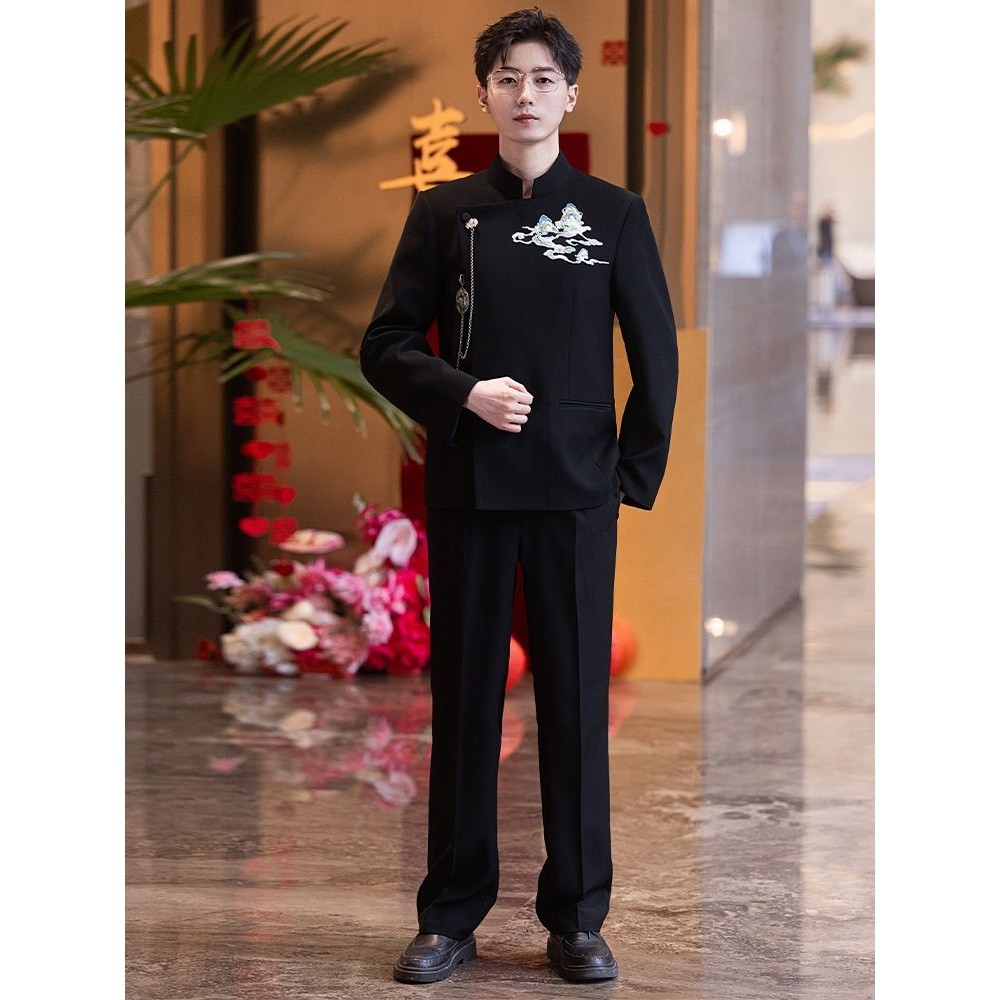中山装男婚礼结婚西服套装新郎订婚黑色礼服接亲高级刺绣国风男装