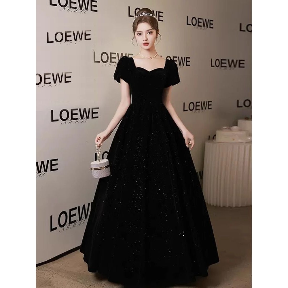 黑色晚礼服裙女宴会丝绒高级感声乐艺考钢琴成人礼主持人年会礼服