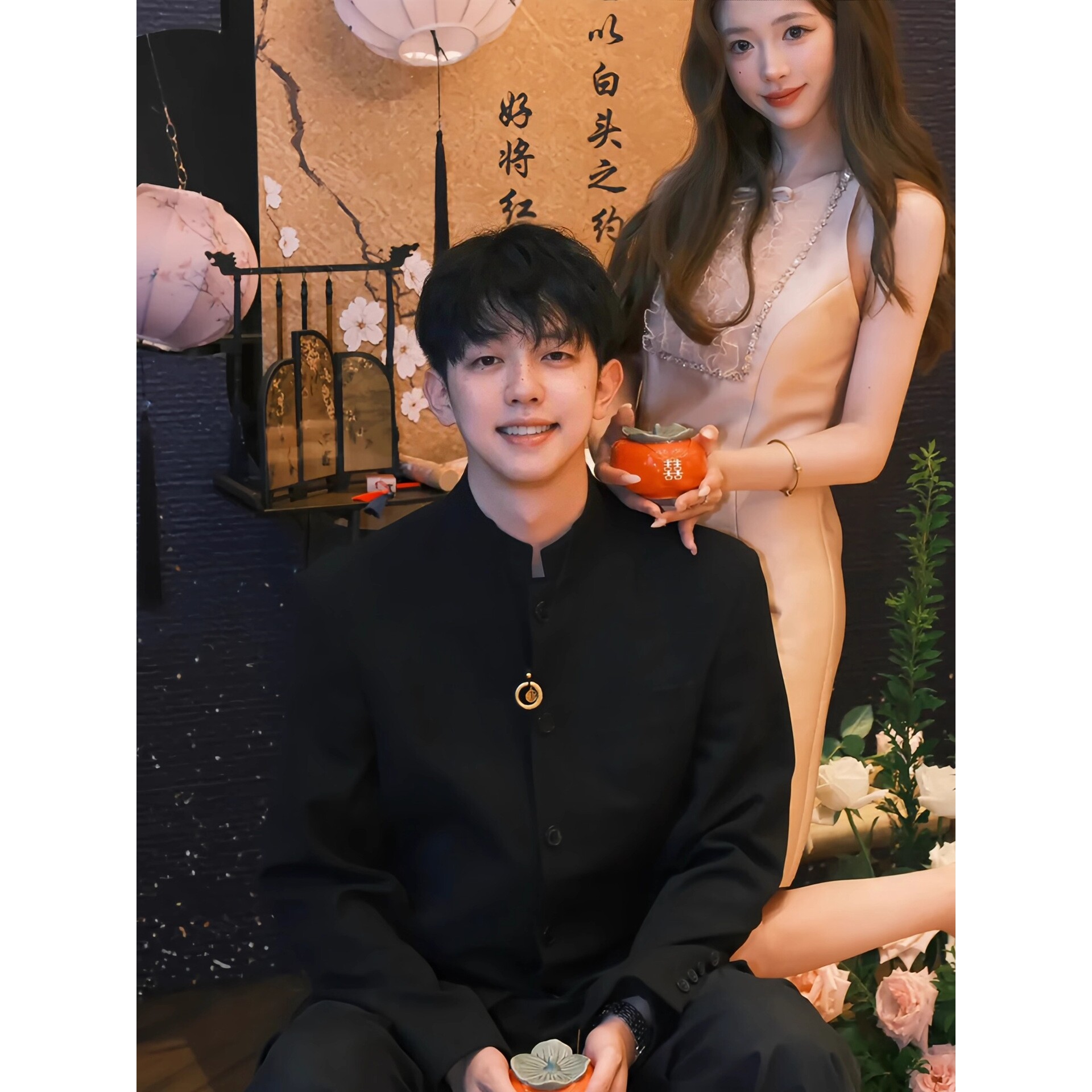 中国风唐装男西服套装民国风西装套装中式婚礼黑色立领中山装外套