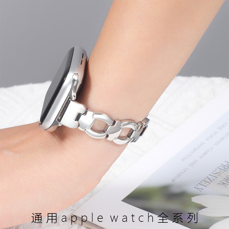 适用苹果手表s7表带女细款钢带apple iwatch2/3/4/5/6SE代苹果手表夏季潮不锈钢带金属链式38/42/40/44mm女款