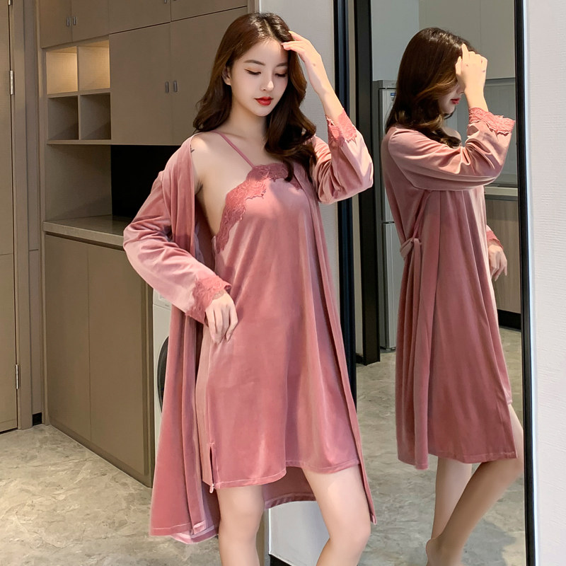 睡衣女春秋冬季薄款性感金丝绒长袖睡袍2020年新款吊带睡裙两件套