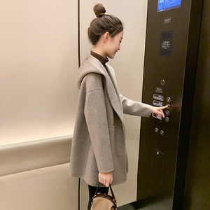 2025年新款女装春秋中长款毛呢外套女小个子连帽双面羊绒呢子大衣