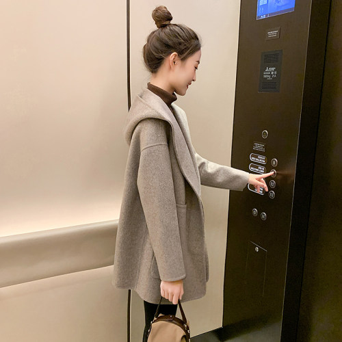连帽双面羊绒大衣女中长款小个子
