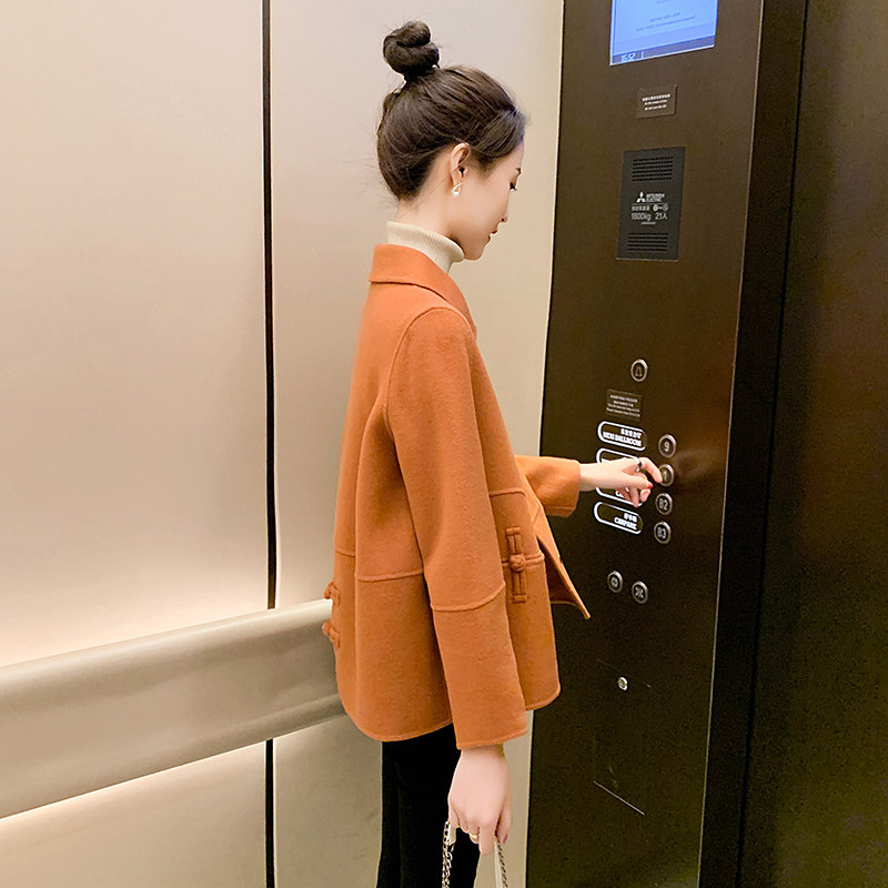 2025新款女装春秋短款毛呢外套女小个子橘色盘扣双面羊绒呢子大衣