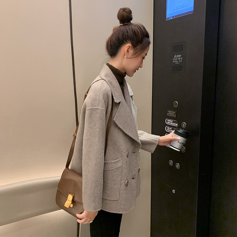 西装领毛呢外套女短款2025春秋新款双排扣小个子双面羊绒呢子大衣