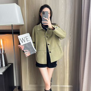 小个子娃娃领双面羊绒呢大衣绿色2025新款女装春秋短款毛呢外套女