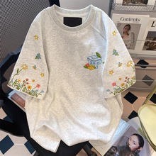 欧货重工花卉刺绣纯棉短袖t恤女夏季2025新款宽松显瘦慵懒风上衣