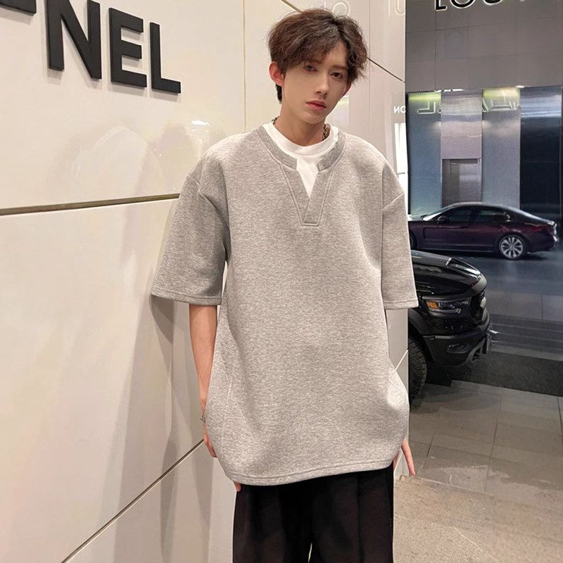 短反正肩假两件潮牌五分袖男生