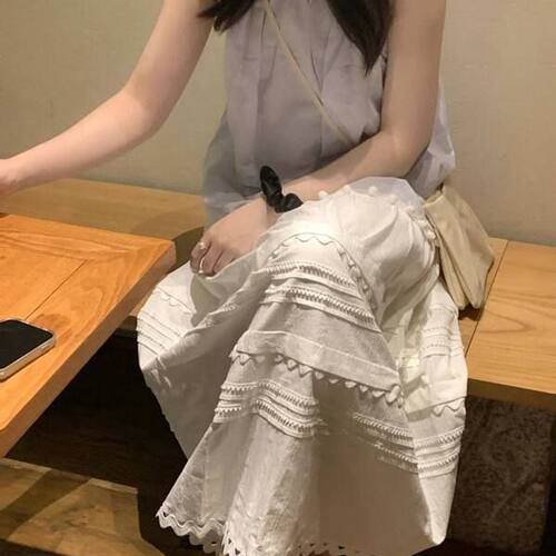 SL纯白别致白色轻女夏小众边轻盈百搭半身裙新款拼接女法式重工勾