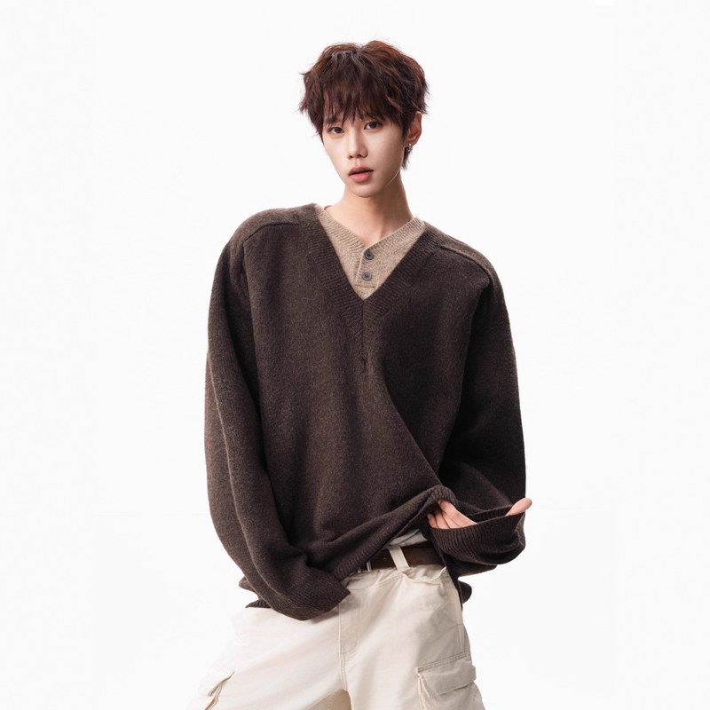 短反大码男领假两件秋冬olo毛衣