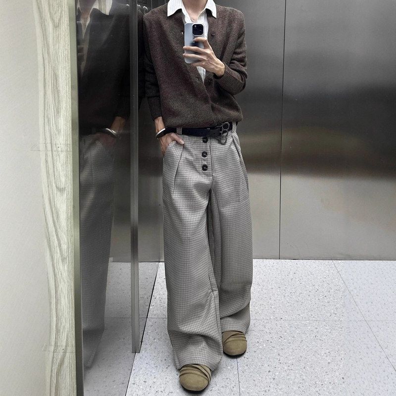 短反复合风休闲裤阔腿千鸟格字