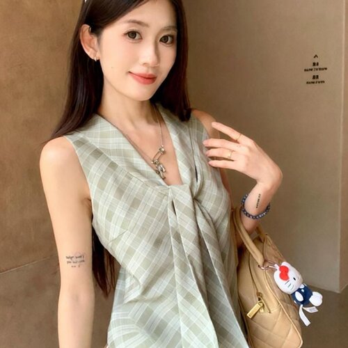 SL设计感绑带绿色格纹背心吊带