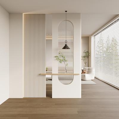 奶油风假墙格栅屏风实木屏风隔断