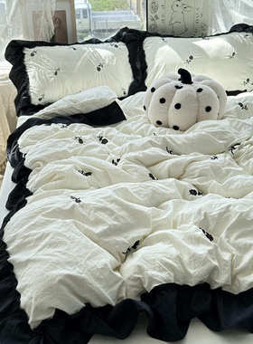 法式少女ins黑色玫瑰花刺绣水洗棉四件套床单纯色被套三件套床笠