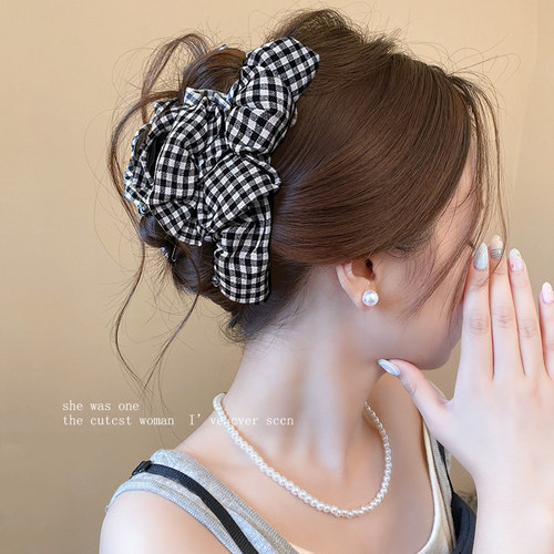 复古黑白格子小金标蝴蝶结鲨鱼夹韩国布艺显发量盘发大号抓夹发夹