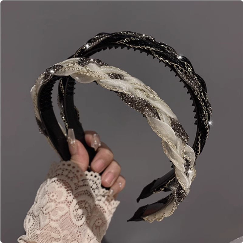 高级感发卡发箍女夏季复古欧根纱水钻麻花辫头箍外出白百搭