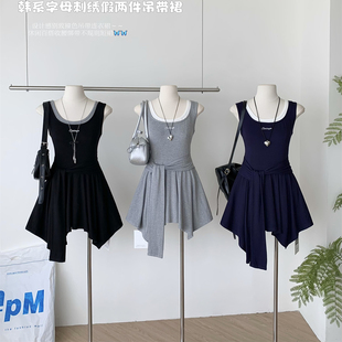 韩式撞色无袖连衣裙女修身不规则背心裙显身材短裙