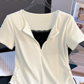 百搭上衣2025新款 假两件短袖 T恤女白色蕾丝拼接收腰修身