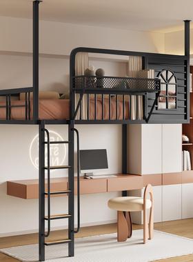 新款铁艺高架床省空间小户型阁楼床多功能阁楼床简约床下桌铁架床