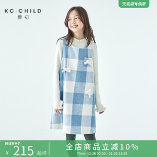 立体蝴蝶结裙子 亲子中大女童蓝白格纹连衣裙无袖 棵初25年冬季 新款